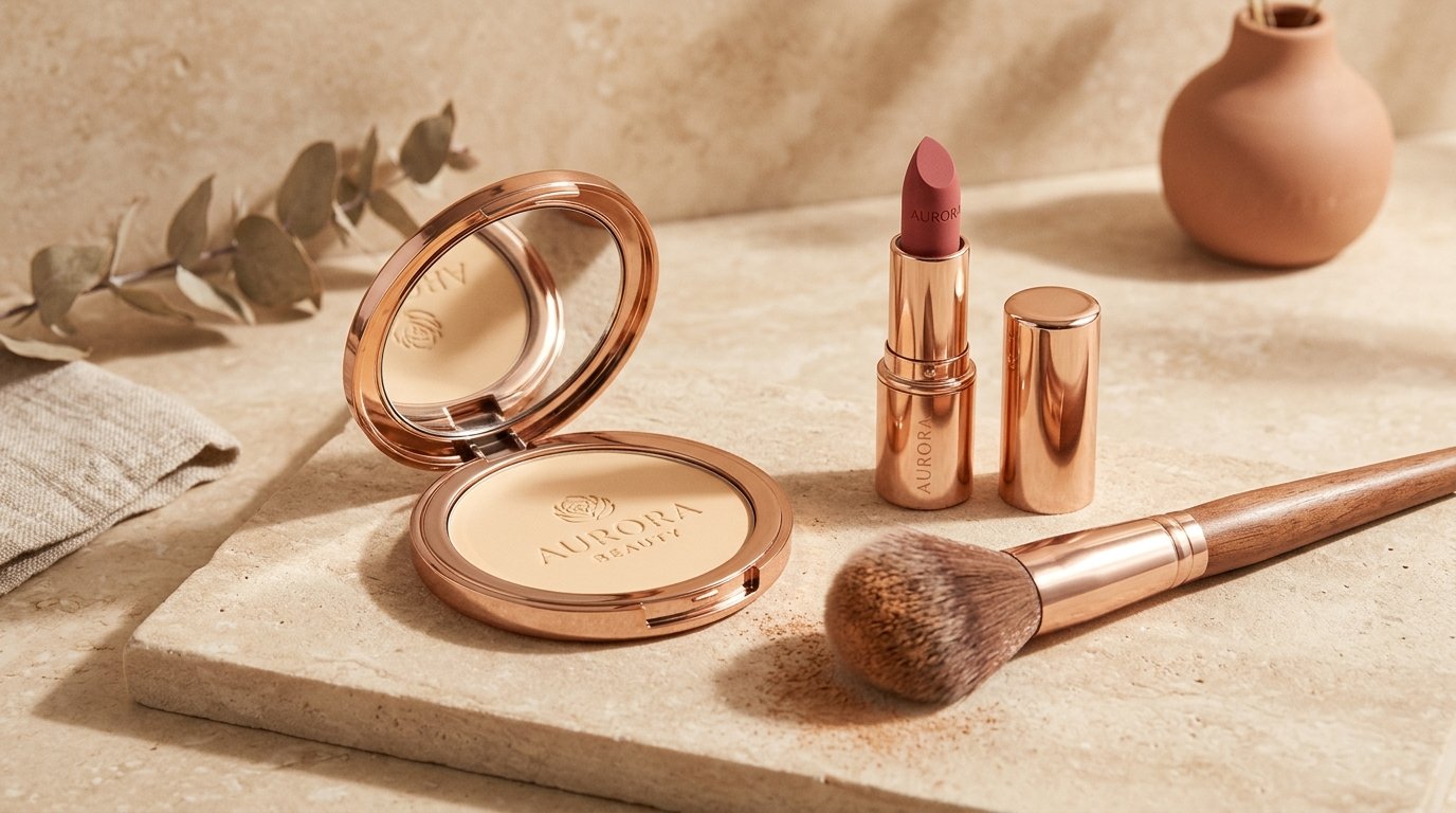 Premium makeup products arranged elegantly on warm stone surface